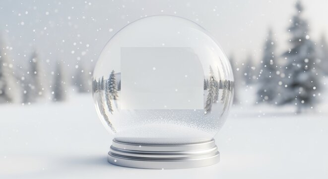 A clear snow globe with a blank space, set in a snowy winter landscape with falling snowflakes. - Powered by Adobe