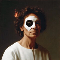 Artistic portrait of a person with skull face paint and flaming hair in dramatic conceptual painting