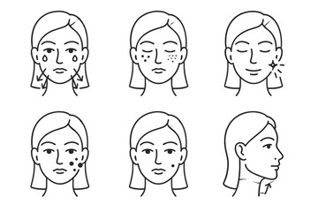 Cryo Facial Benefits Icons. Line style icons of cryo facial skin benefits: reduced puffiness icon, tightened pores symbol, glowing