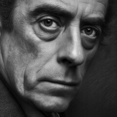 Intense portrait of a mature man with piercing gaze and distinctive facial hair in dramatic black and white photography