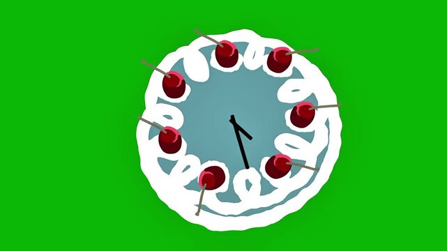 Clock Made Of Cake With Cherries And Cream On Green Background