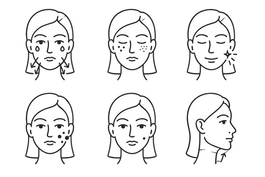 Cryo Facial Benefits Icons. Line style icons of cryo facial skin benefits: reduced puffiness icon, tightened pores symbol, glowing