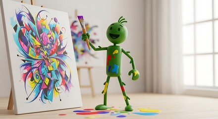Cheerful Green 3D Artist PaintSplattered Holding Brush by Vibrant Abstract Canvas in Bright Studio.