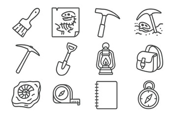 Obraz premium Vintage Paleontology Icons. Line style icons of vintage paleontology: bone brush, field sketch, hammer, excavation; pickaxe,