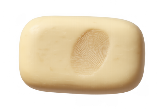 Soap bar showing a fingerprint impression, representing identity, hygiene, cleanliness, and evidence on transparent background