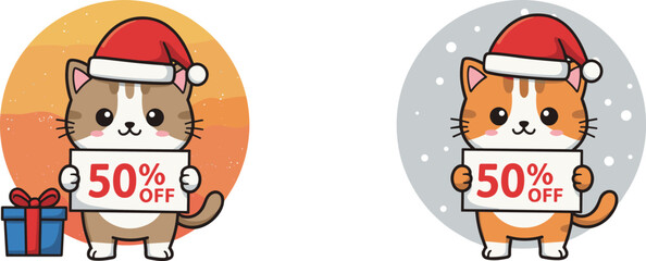 Cute Christmas cats holding 50 percent off sale signs, festive holiday discount banner, adorable kitten cartoon illustration, winter promotion background