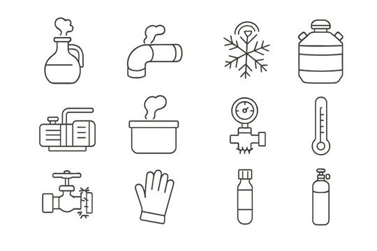 Cryogenic Equipment Icons. Line style icons of cryogenic equipment: liquid nitrogen flask, insulated pipe, frost crystal, storage