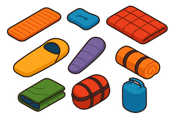 Camping Essentials Icons. Isometric vector illustration set Camping essentials &ndash; sleeping pad, inflatable pillow, camping quilt;