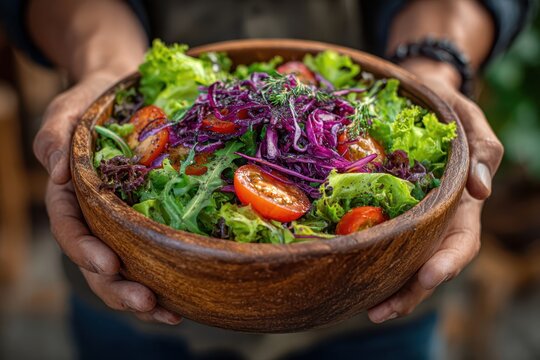 Hands holding a wooden bowl filled with a fresh salad with lettuce, tomatoes, red onion, rosemary, and olives on top of a wooden table