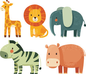 Cute cartoon jungle animals, adorable safari illustration, baby wildlife art, giraffe lion zebra elephant hippo, kids nursery wall decor print