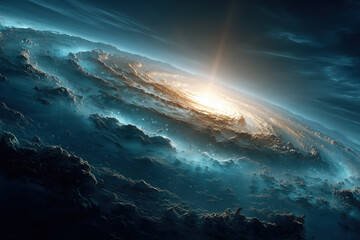 Majestic cosmic landscape with illuminated spiral galaxy and radiant light burst