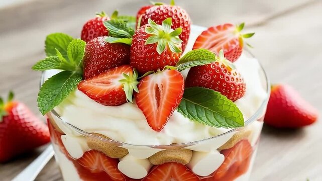 A delectable layered dessert featuring fresh, ripe red strawberries, fluffy white cream, and crisp biscuits, beautifully arranged in a clear glass bowl. Garnished with vibrant green mint leaves and wh