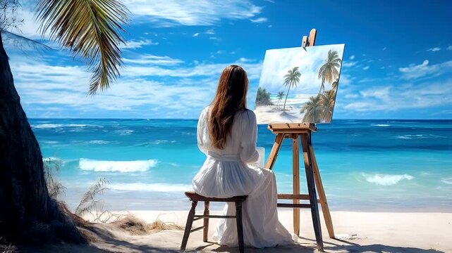 A woman in a white dress sits on a wooden stool on a sandy beach, painting a serene seascape with a canvas. The sky is a clear blue with fluffy white clouds.