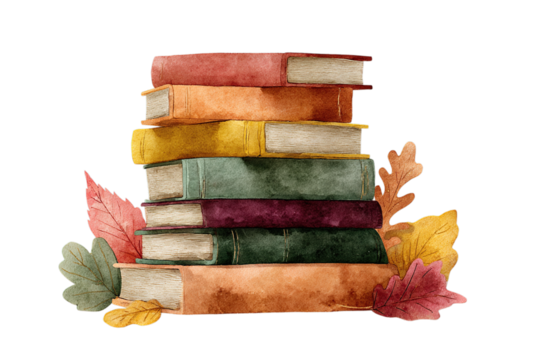 Cozy stack of vintage books surrounded by colorful autumn leaves evokes fall reading warmth
