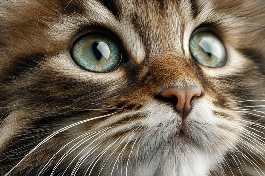 Close-up of fluffy cat with mesmerizing green eyes and whiskers