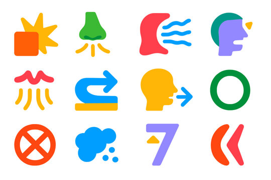 Flat Phoneme Icons. Flat vector icons of consonant sounds: plosive burst, nasal sound wave, fricative hiss, affricate combination,