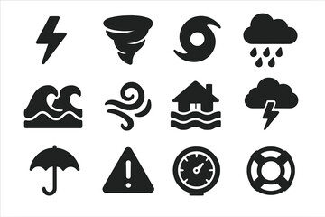 Natural Hazards Icons. Solid style icons of natural hazards and extreme weather: lightning, tornado, hurricane, heavy rain, high