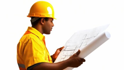 Architect's blueprint scrutiny: A dedicated architect, adorned in a hard hat and workwear, meticulously examines architectural blueprints.