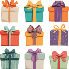 Colorful gift boxes with ribbons, festive present packaging, holiday celebration design, decorative wrapping, birthday surprise, Christmas, vector illustration