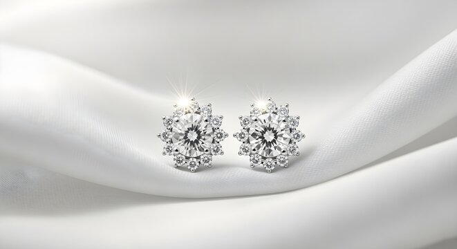 A creatively enhanced rephrasing of cluster diamond earrings displayed on satin silk with soft luminous highlights, depicted with richer detail and a more artistic presentation.