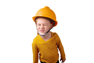 Smiling child wearing a yellow construction helmet and sweater, isolated on transparent background. Perfect for education, safety, and construction themes.
