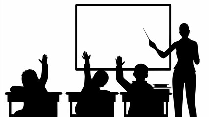 Silhouette of a teacher with pointer and students raising hands in front of a whiteboard in a classroom
