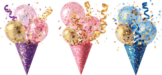 Colorful celebration cones with balloons, confetti, and ribbons, festive party decoration, birthday or holiday background, joyful event concept illustration