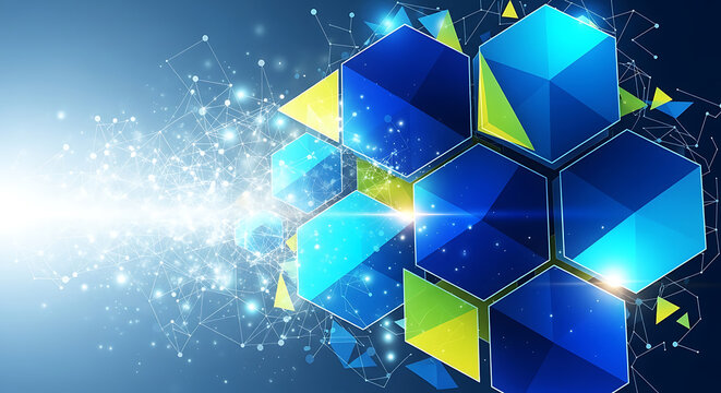 Abstract blue hexagon geometric shape with light effect, technology concept