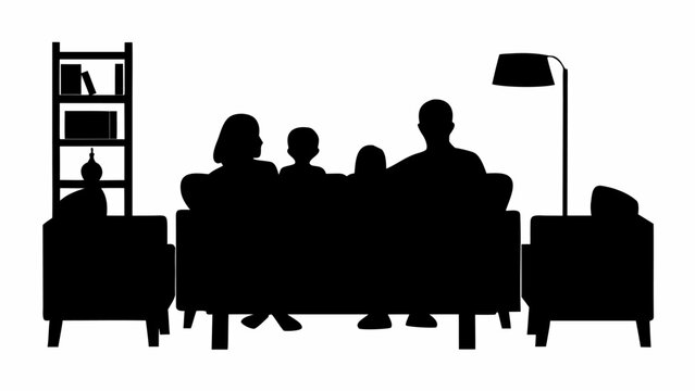 Silhouette of a family sitting on a sofa with a bookshelf and a floor lamp in the living room interior