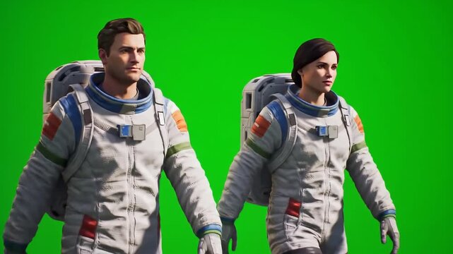 Two astronauts a man and a woman in full space suits standing against a vibrant green screen ready for compositing into a space or scifi scene representing exploration and future endeavors.