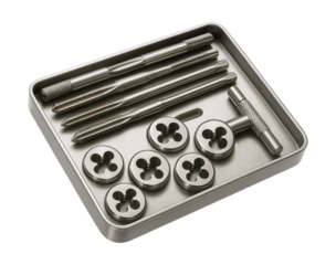 Compact tap and die set with precision threads for watchmaking and jewelry tasks.