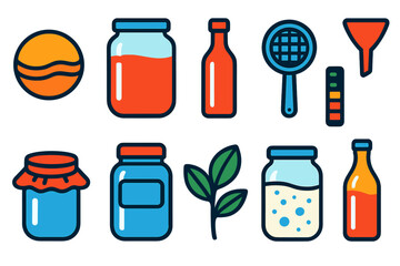 Kombucha Brewing Icons. Flat vector icons of kombucha brewing: SCOBY disk, sweet tea jar, glass bottle, strainer, funnel,