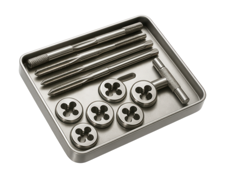 Compact tap and die set with precision threads for watchmaking and jewelry tasks.