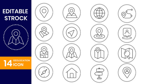Collection of editable stroke map and location icons for navigation and travelrelated designs and applications
