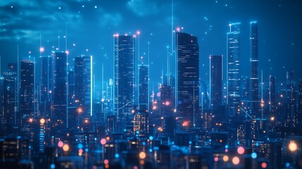 Obraz premium Futuristic Smart City Network Connections Digital Technology Data Communication Modern Metropolis at Night