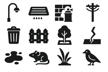 Urban Ecosystem Icons. Solid style icons of Street Ecology: Streetlight, Storm Drain, Graffiti Wall, Power Line, Trash Bin, Fence,