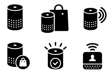 Smart Speaker Icons. Solid style icons of smart speakers in commerce: cylindrical smart speaker, shopping bag next to speaker, AI