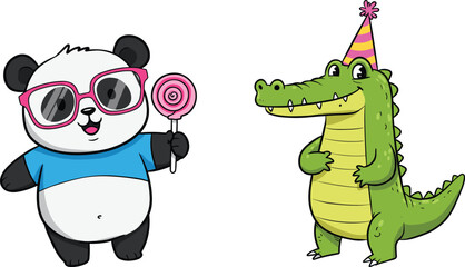 Cartoon panda and crocodile, party animals, festive illustration, anthropomorphic characters, kids celebration, cute animal friends, birthday theme, playful artwork © MDALRAFIN