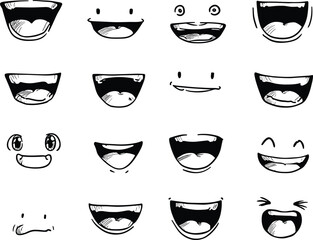 Cartoon mouth expression set, black and white smile illustration, comic lips and teeth design, funny face vector drawing collection