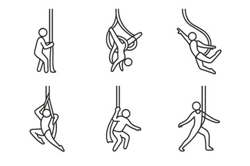 Silk Drop Icons. Line style icons of silk drop techniques: single drop prep, double spin drop, slack drop arc, surprise release