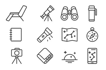 Stargazing Essentials Icons. Line style icons of stargazing: reclining chair, telescope eyepiece, binoculars, thermos; notebook,