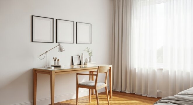 Illustration of bright and airy home office with desk and frames on the wall