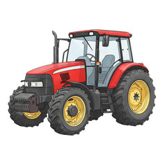 Obraz premium Red farm tractor with yellow wheels and large tires, cutout, PNG isolated on white or transparent background