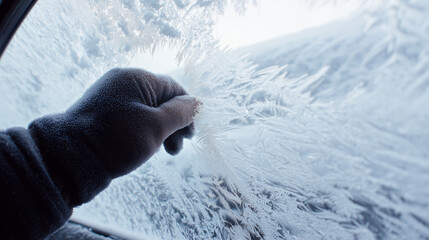 Hand Scratching Frost Off Car Window in Blizzard