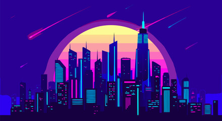 Night City Skyline with Neon Lights and Shooting Stars Over a Glowing Sunset in a Retro Style
