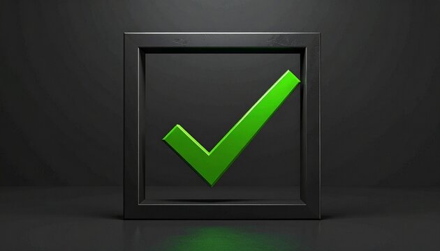 Bold green check mark inside black textured square on dark background, symbolizing approval, correctness, and completion.