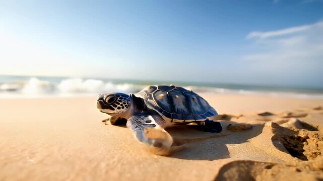 A closeup shot of a sea turtle on a sandy beach. The turtle is captured in a side profile, with its head turned slightly towards the camera.
