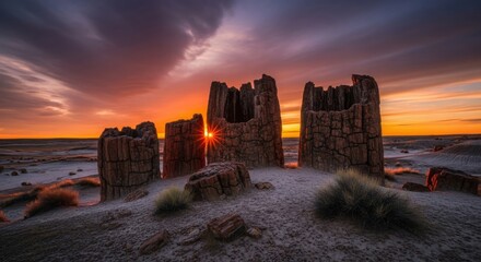 Dramatic Sunset Over Ancient Wooden Structures on a Beach.
