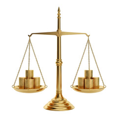 Balanced golden scale symbolizing justice, law, and financial fairness, perfect for legal and business design projects. isolated on white or transparent background.PNG format.