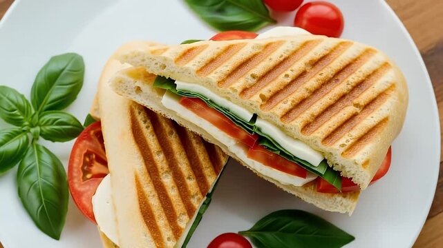 A mouth-watering, freshly grilled panini sandwich, perfectly sliced in half, rests elegantly on a clean white plate. The golden-brown bread features appetizing grill marks, revealing vibrant layers of